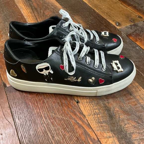 Karl Lagerfeld Paris Cate Pins Lace-Up Platform Sneakers Black Leather Size 10 - Picture 4 of 16